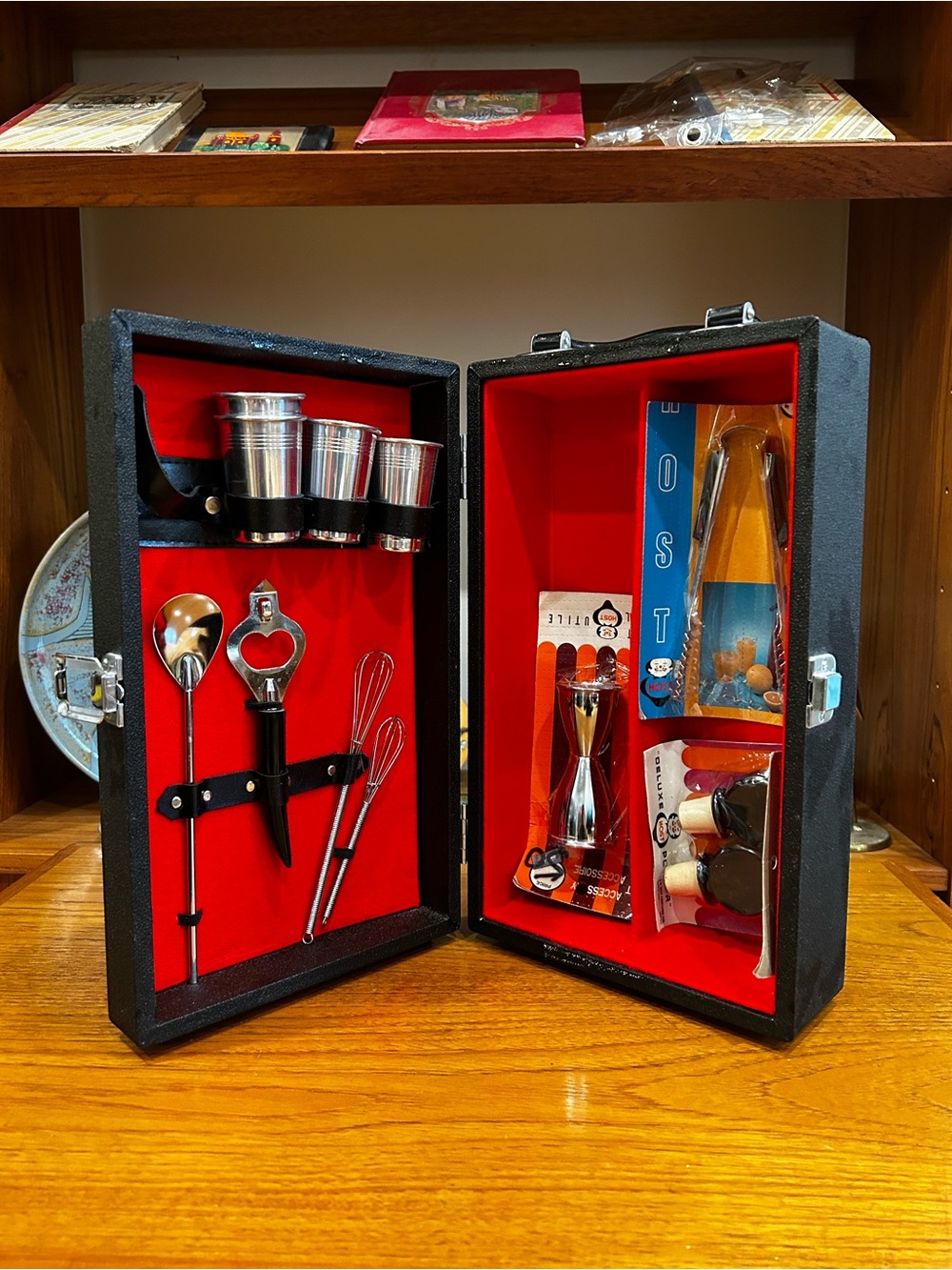 Vintage MCM Black and Red Cocktail Bar Set Case - Complete Home Bar Accessories